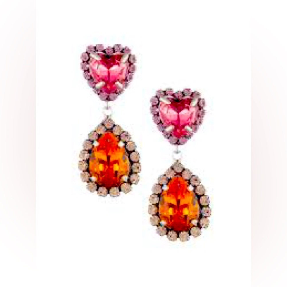 NIB Dannijo Crystal Dangle Earrings Pink Heart Fiery Orange Teardrop